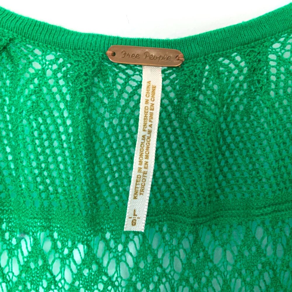 Free People Green Open Knit Short Sleeve Crop Top V-Neck Sz L - Picture 4 of 16